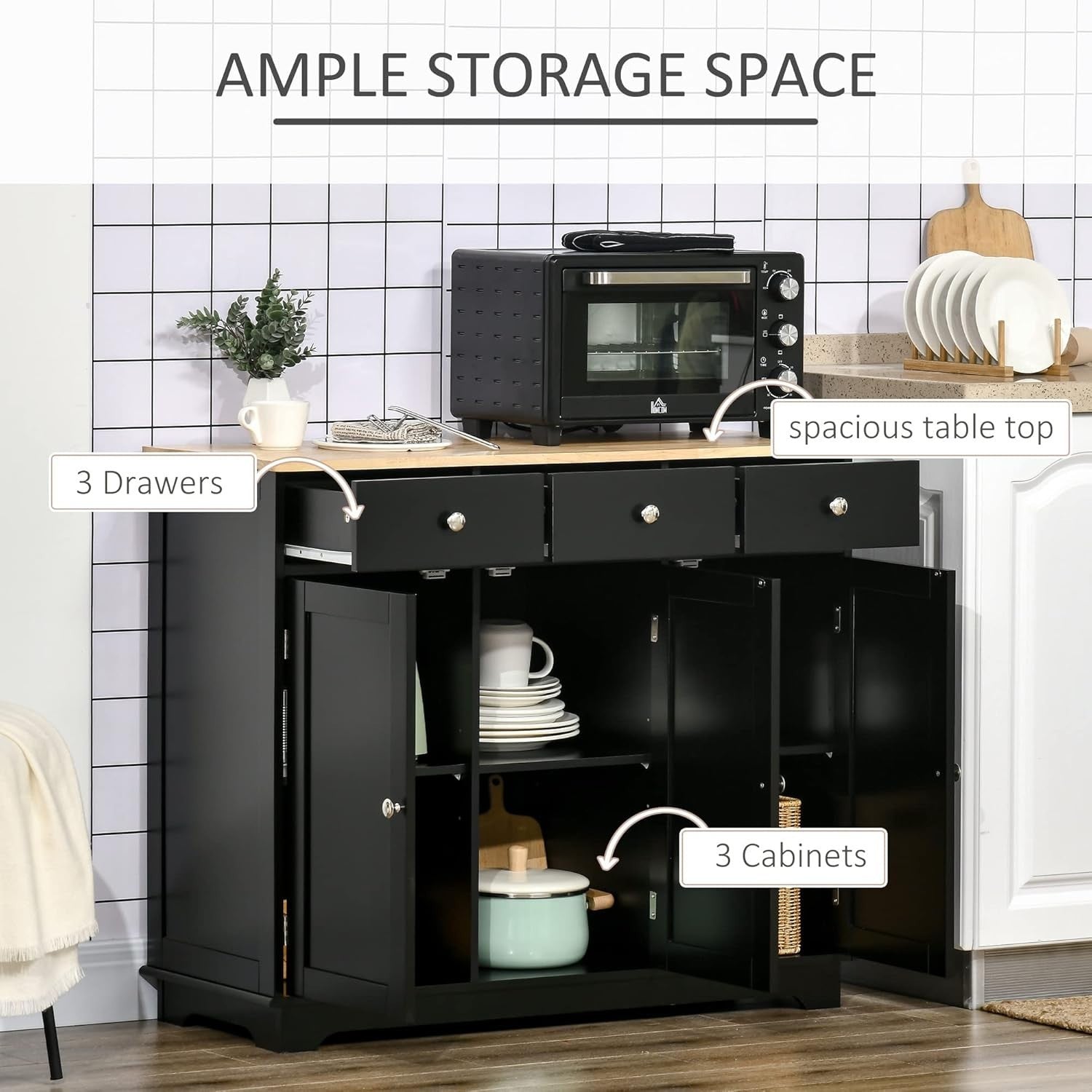 Modern Black Sideboard Buffet Cabinet with Adjustable Shelves & Storage Drawers