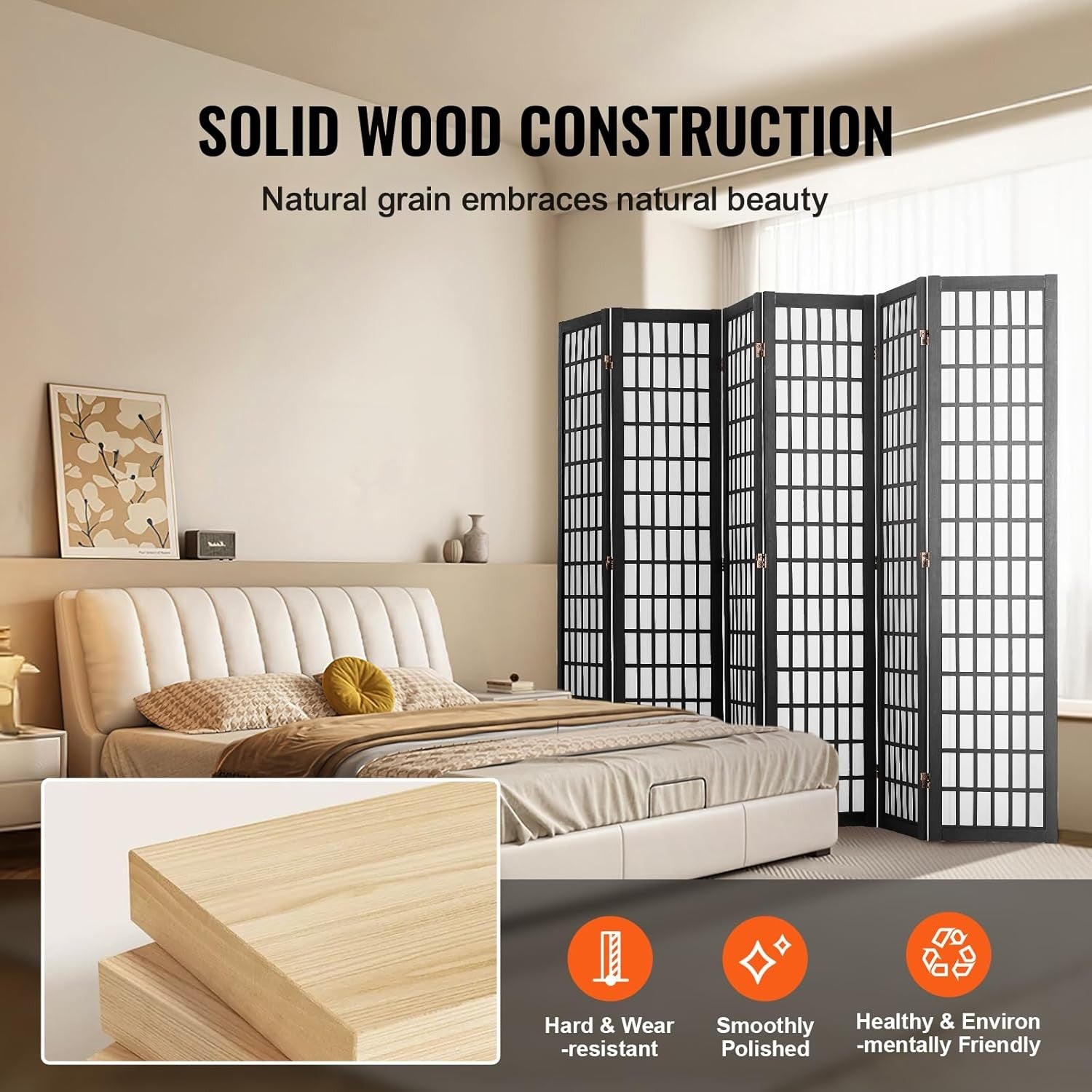 6 Panel Japanese Folding Room Divider Black Wood Privacy Screen 242x170cm