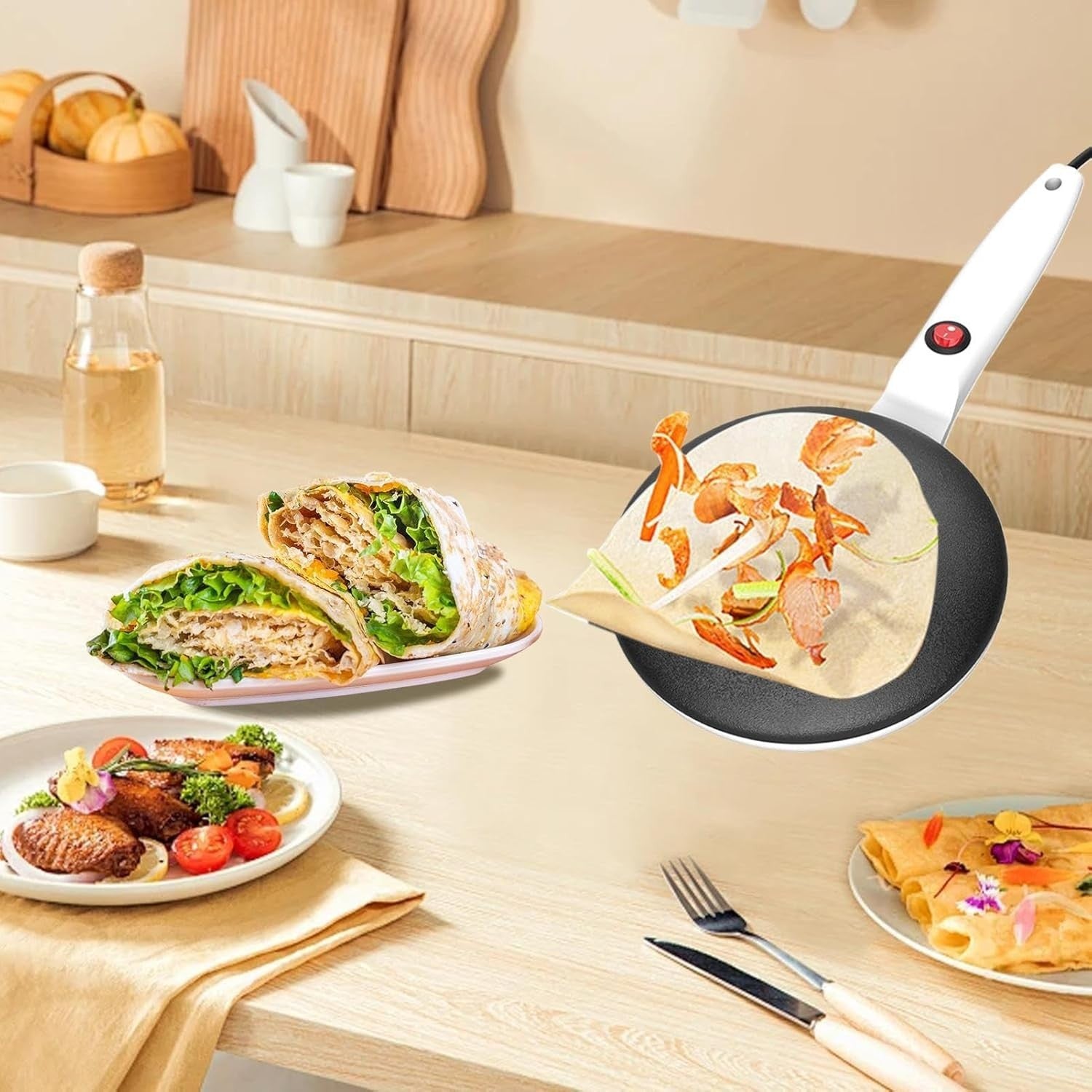 8" Electric Crepe Maker Non Stick Pancake Maker with Handle & Tray White