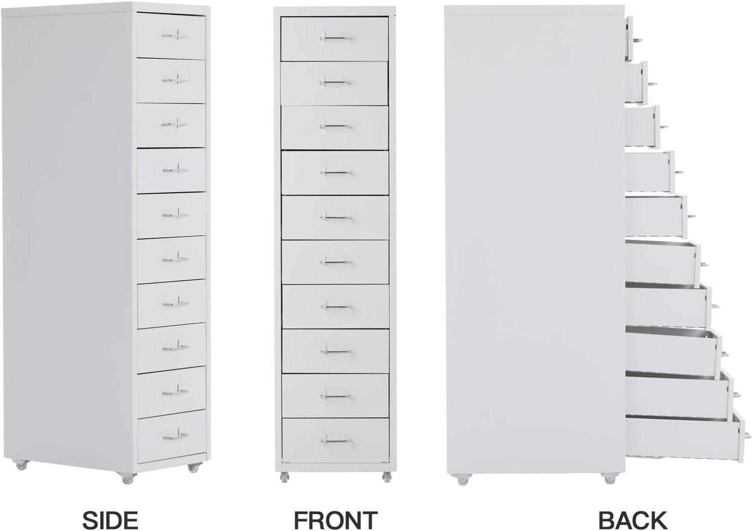White Slim Rolling Drawer Tower 10 Tier Metal Office File Storage