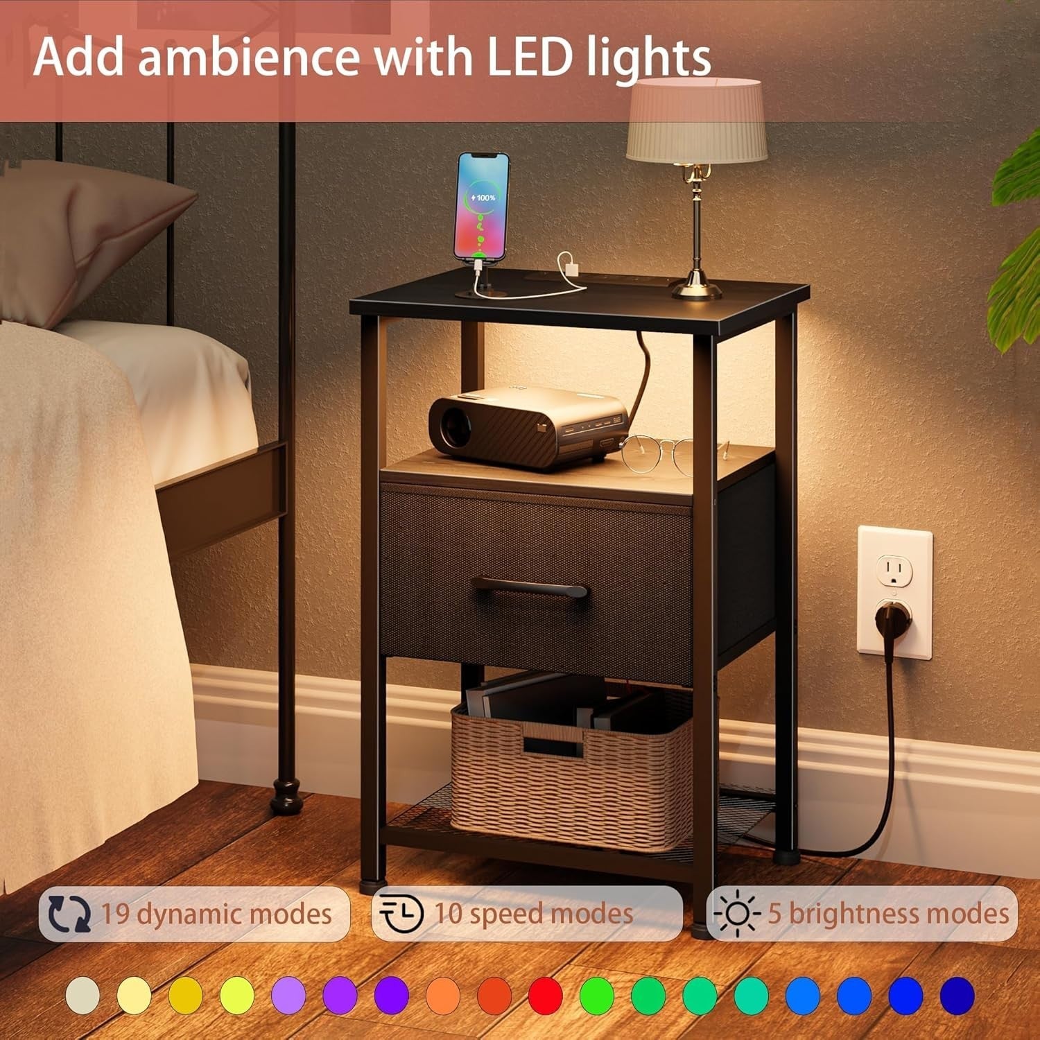 Modern Black LED Bedside Table with Drawer, USB Charging Ports & Shelf