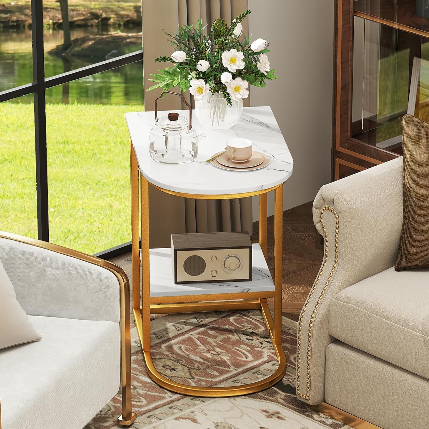 Modern Faux Marble C-Shaped Side Table with Storage Shelf – White & Gold Nightst