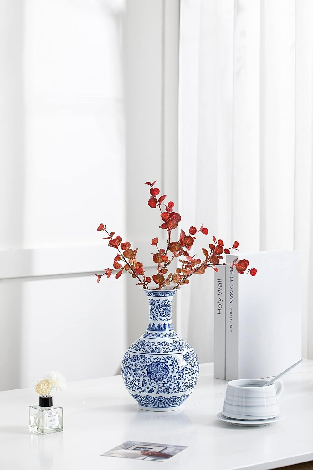 Blue White Chinoiserie Ceramic Vase 9.5in Glossy Floral Table Decor