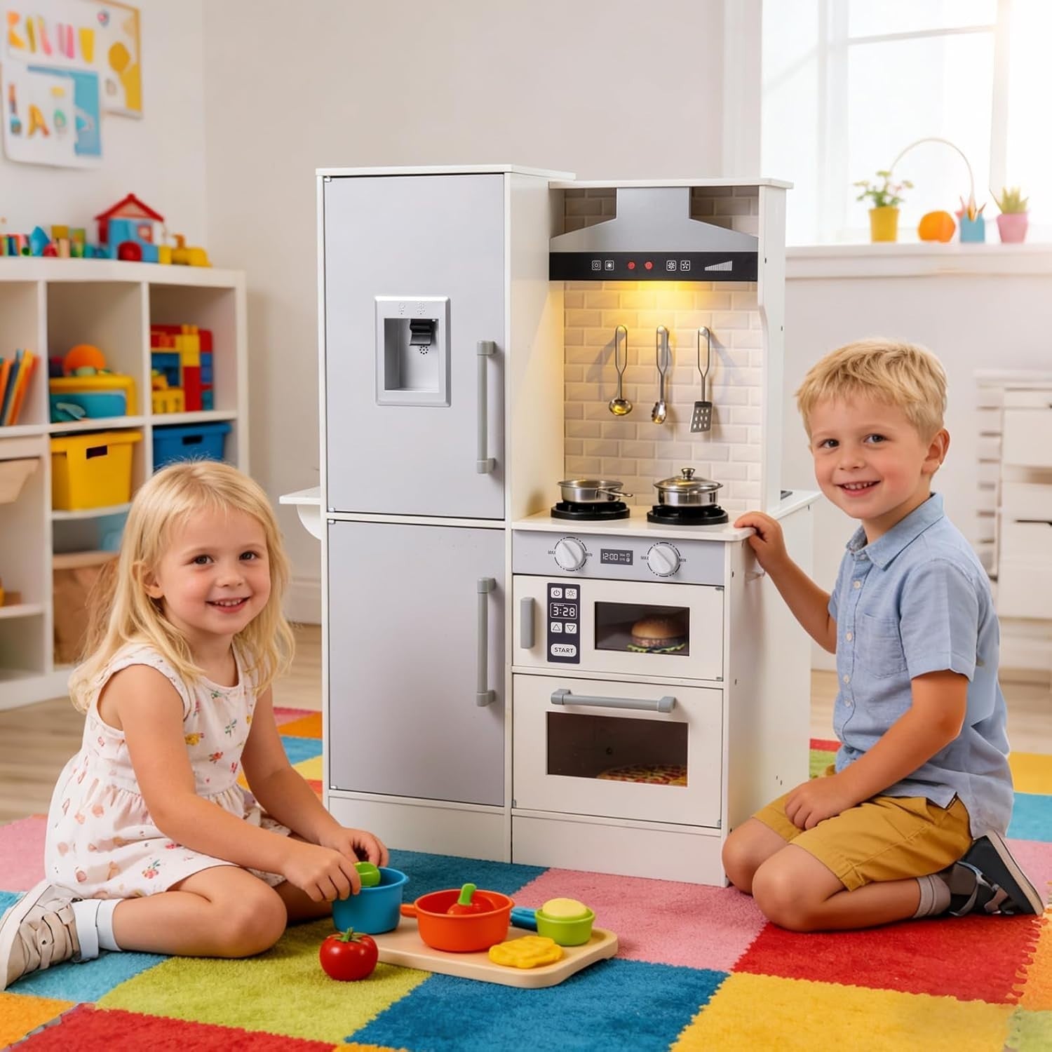 Kids Wooden Play Kitchen Laundry Set Lights Sounds White Toy Set