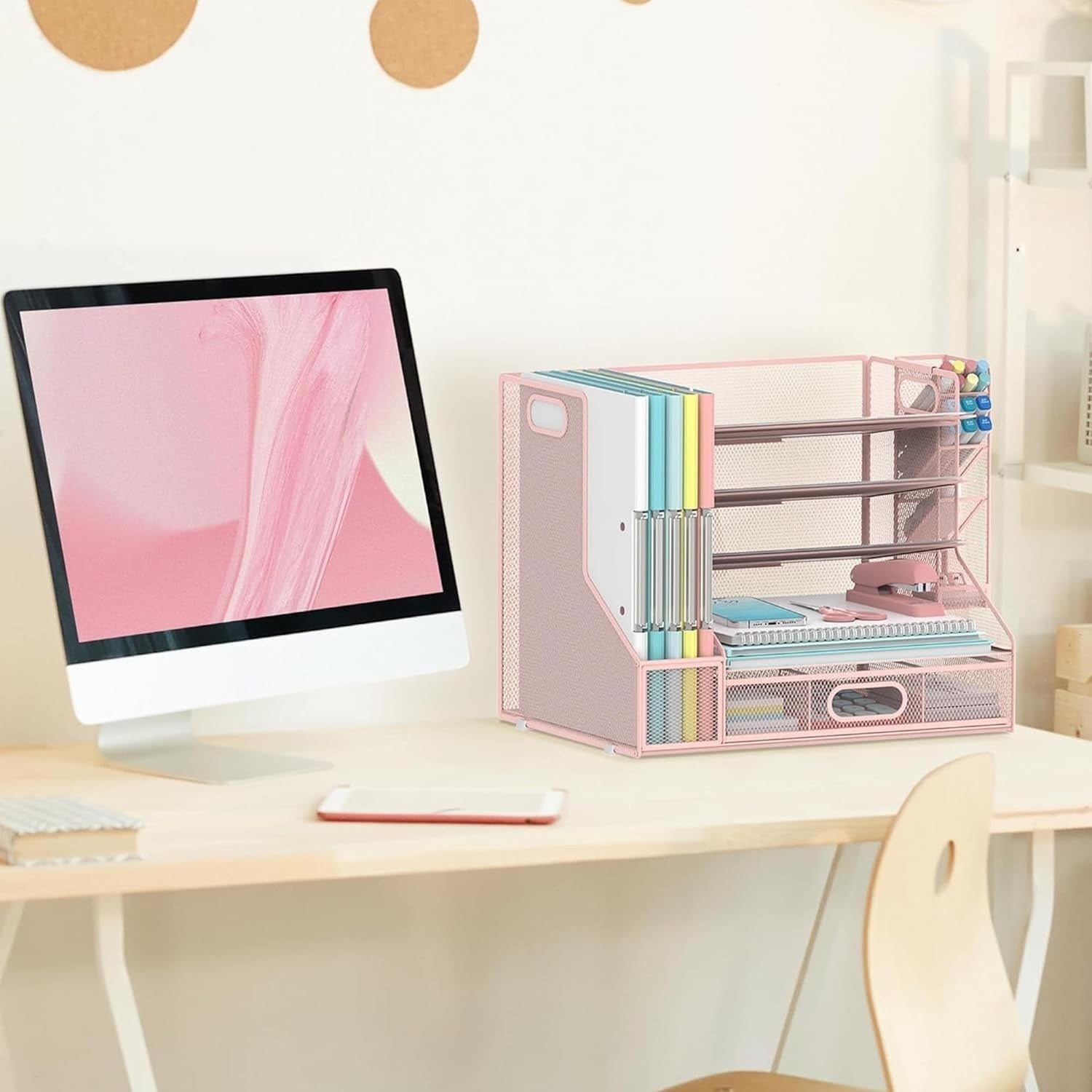 5-Tier Mesh Desk Organiser with File Holder, Pen & Drawer – Pink