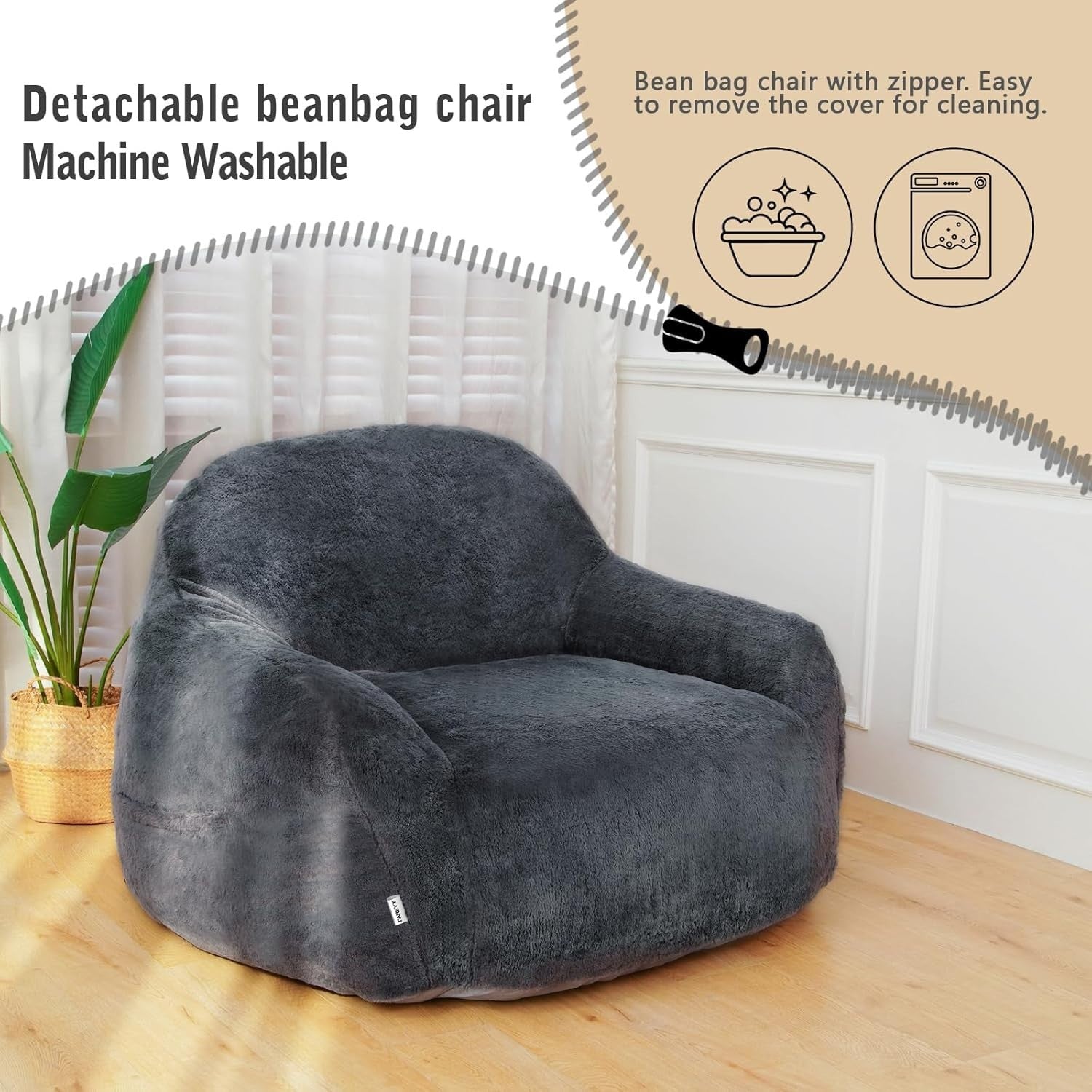 Oversized Grey Bean Bag Chair with Armrests, Removable Cover & Filler