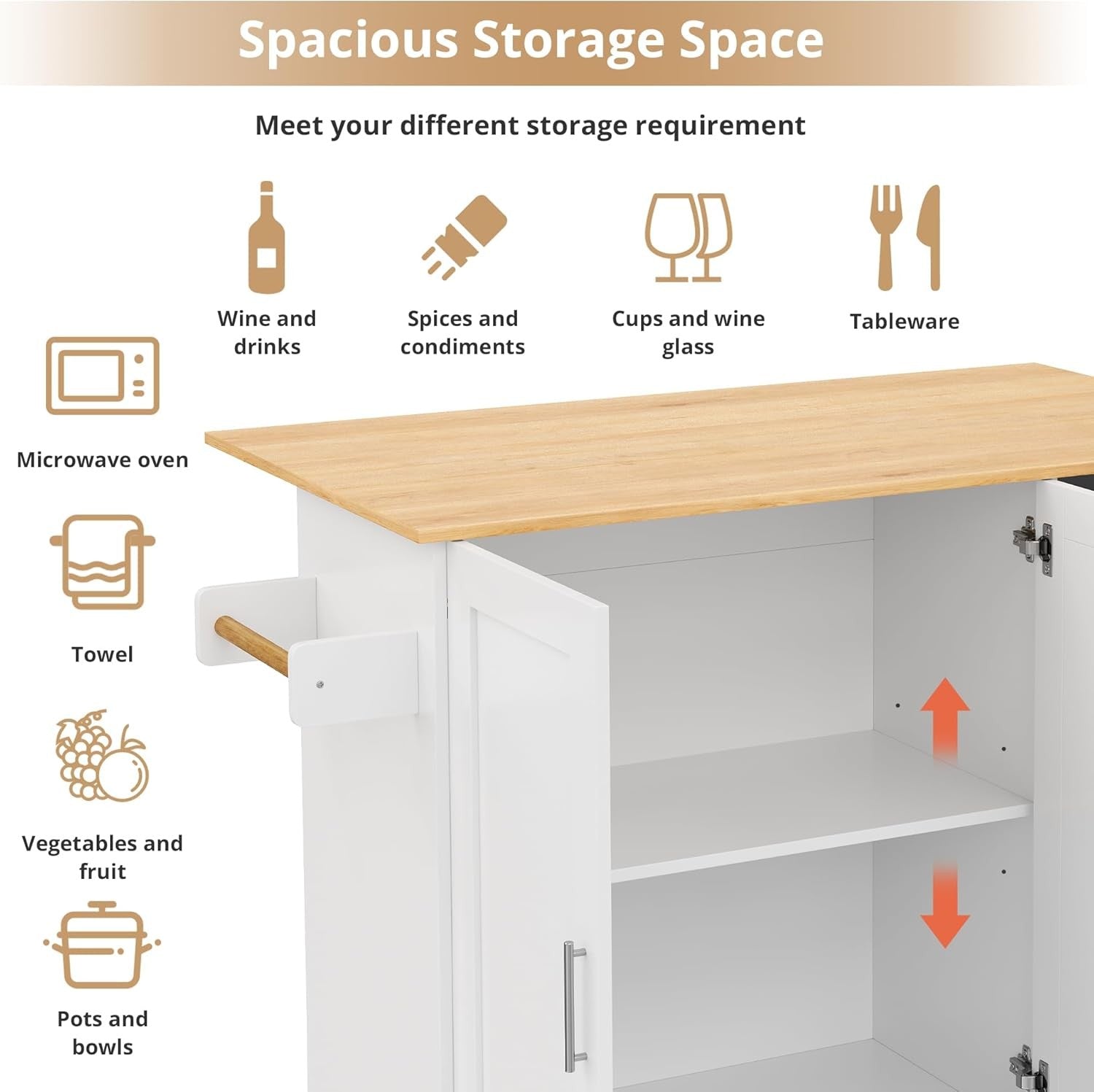 Kitchen Island Trolley on Wheels with Foldable Tabletop Storage Drawers