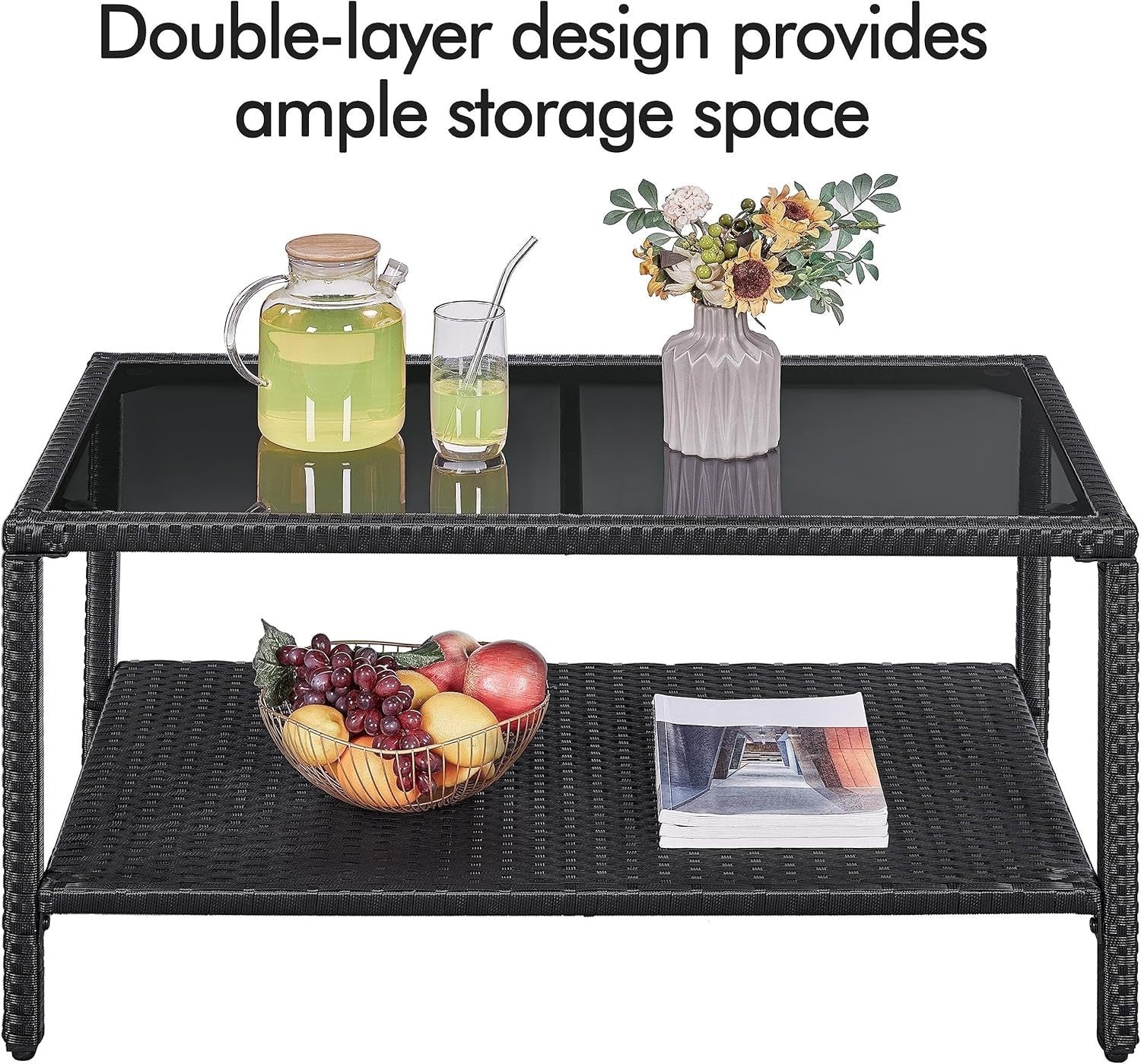 Outdoor Rattan Coffee Table with Glass Top & Storage Shelf – Black Patio Table