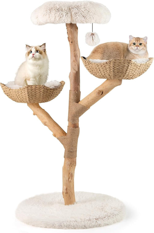 122cm Wooden Cat Tree White Multi Level Tower with Basket Perches & Jute Scratch