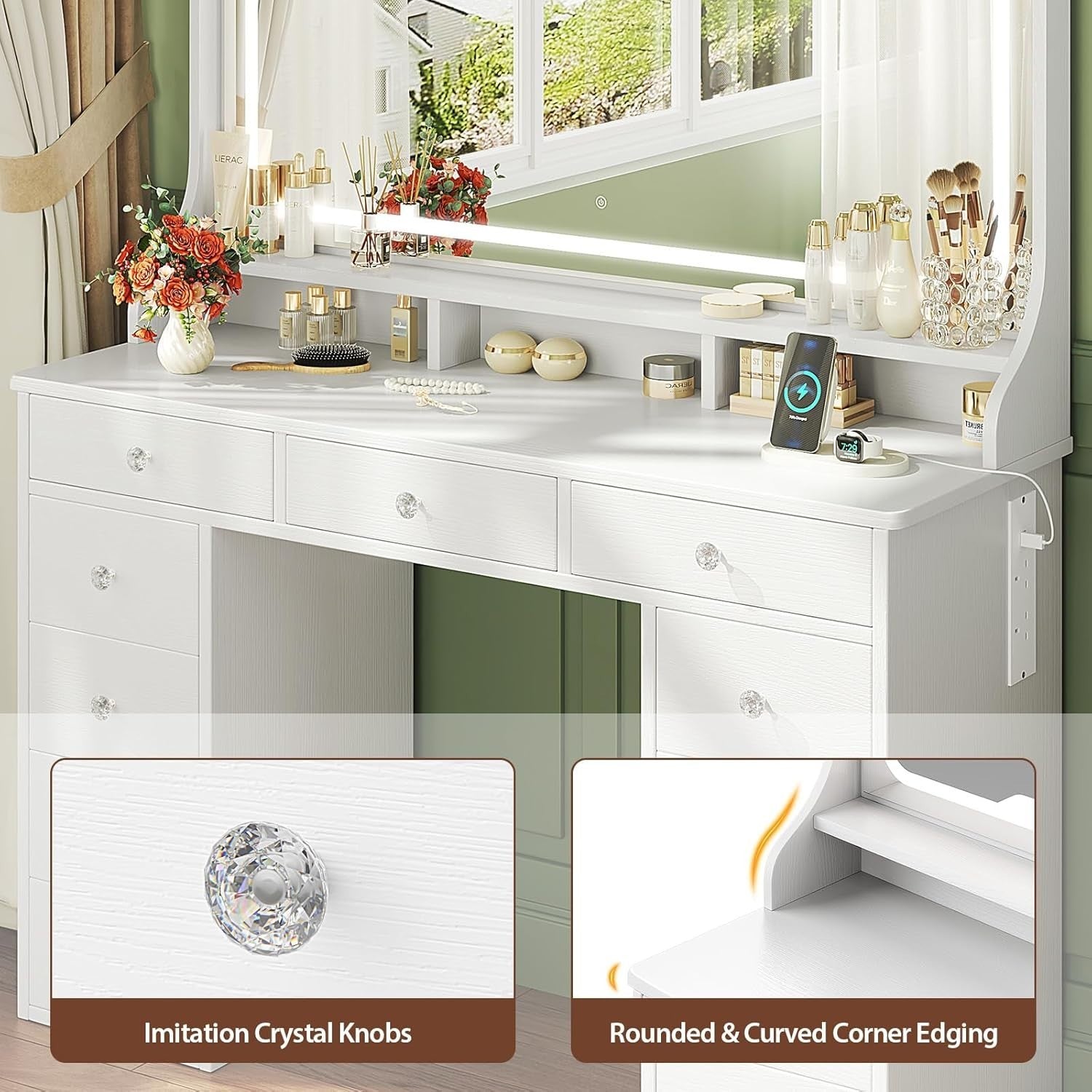 White Dressing Table Vanity Mirror Set 11 Drawers LED Lights Makeup Desk