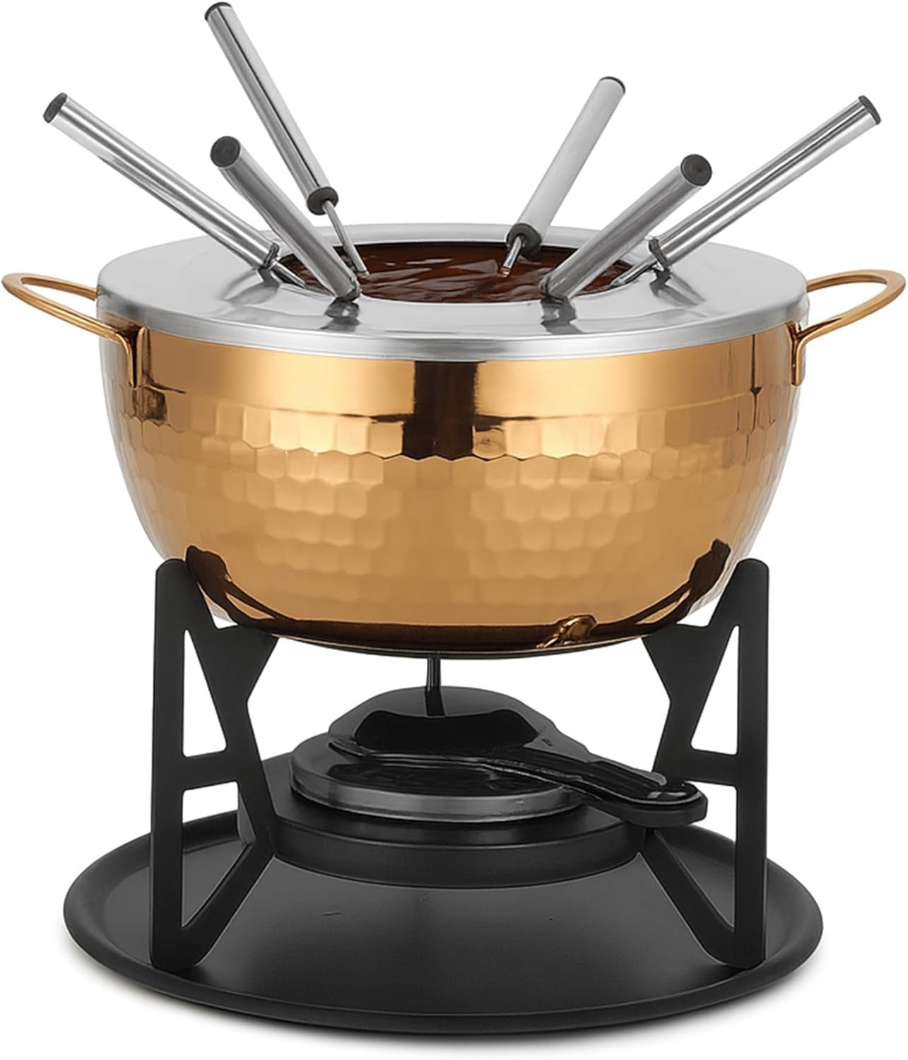 Stainless Steel Fondue Set 6 Fork Cheese Chocolate Pot Gold Burner