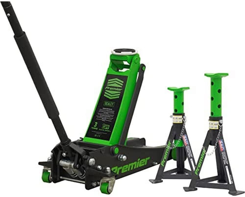 3 Ton Trolley Jack Rocket Lift + 3T Axle Stands Heavy Duty Set 100–533mm Green