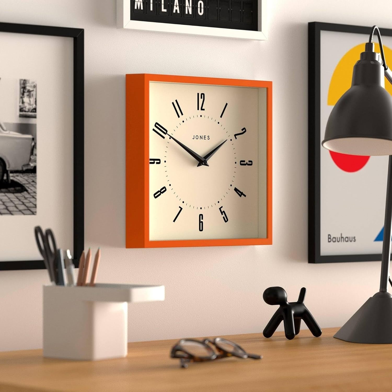 25cm Orange Square Wall Clock Retro Silent Quartz Easy Read Numbers Kitchen Offi