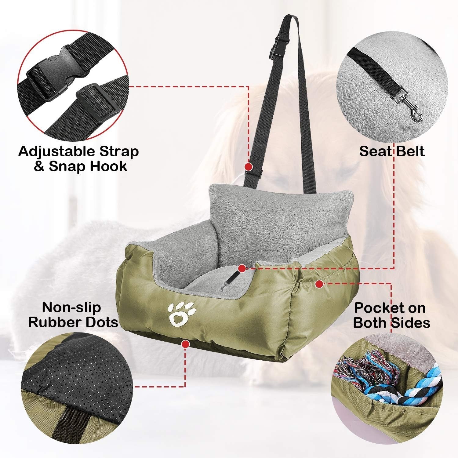 Dog Car Booster Seat Plush Travel Bed Safety Leash Waterproof 35lb