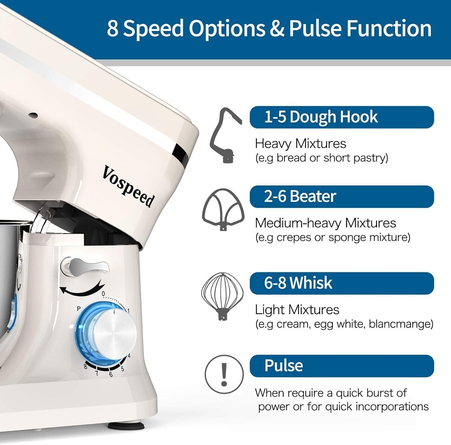 5QT 1000W Stand Mixer 8-Speed Tilt-Head Food Mixer White Stainless Steel
