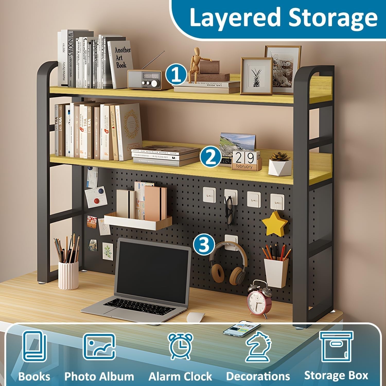 37.4" Desktop Hutch Bookshelf w/ Pegboard 2-Tier Desk Organizer Black