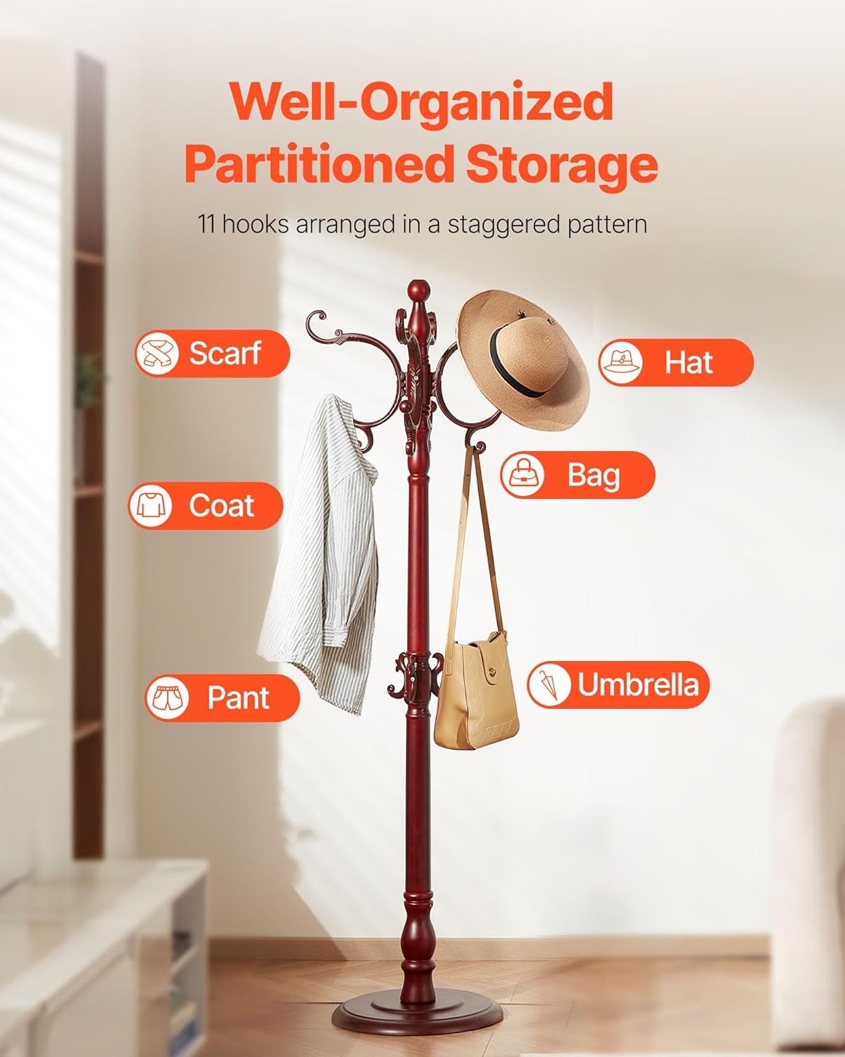 Freestanding Wooden Coat Rack Stand 11 Hooks Weighted Base Hall Tree