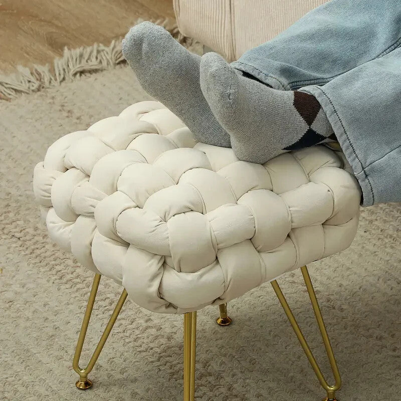 Cream Woven Velvet Footstool Ottoman Seat with Gold Legs for Bedroom