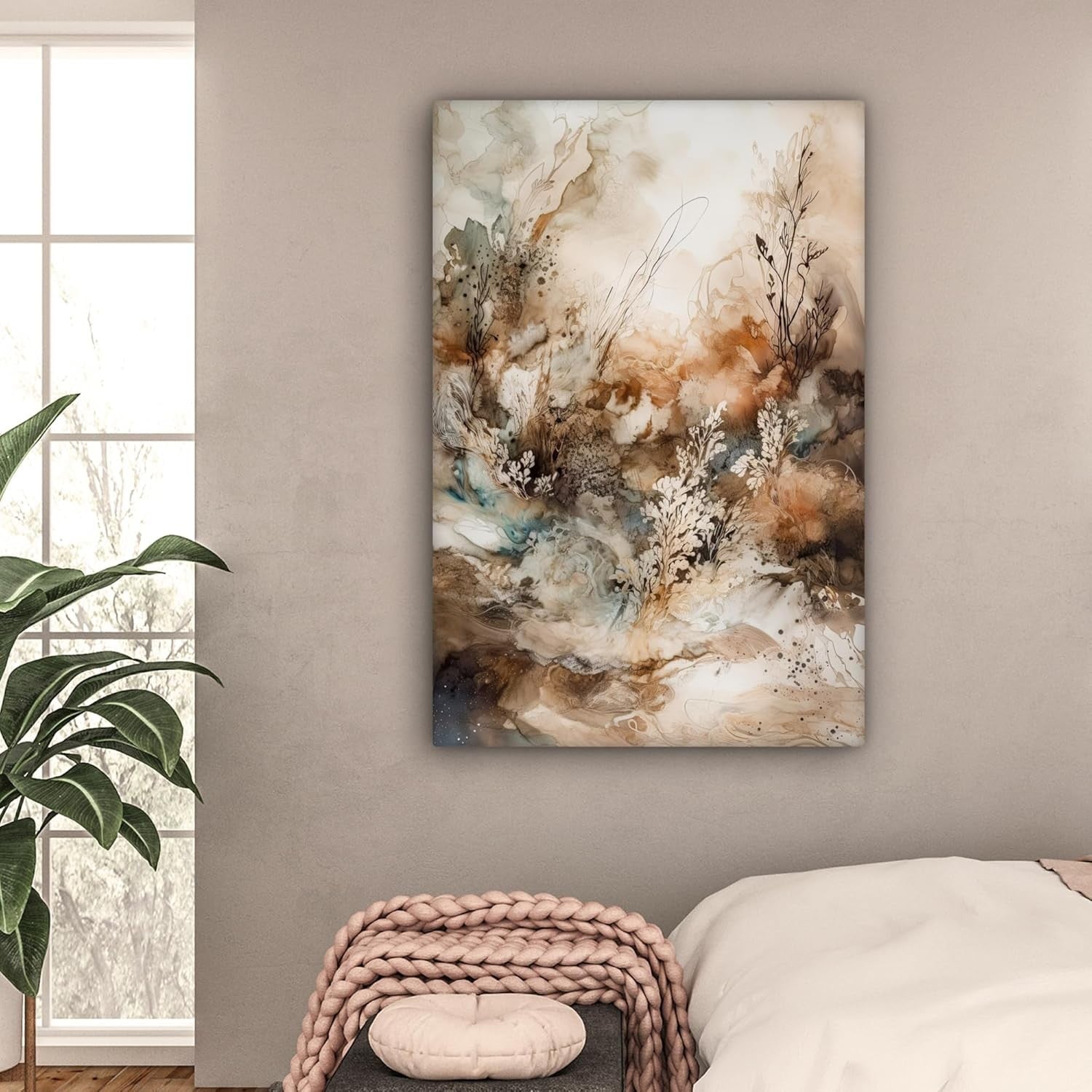 Large Beige Abstract Canvas Wall Art Modern Nature Floral Print 31x47