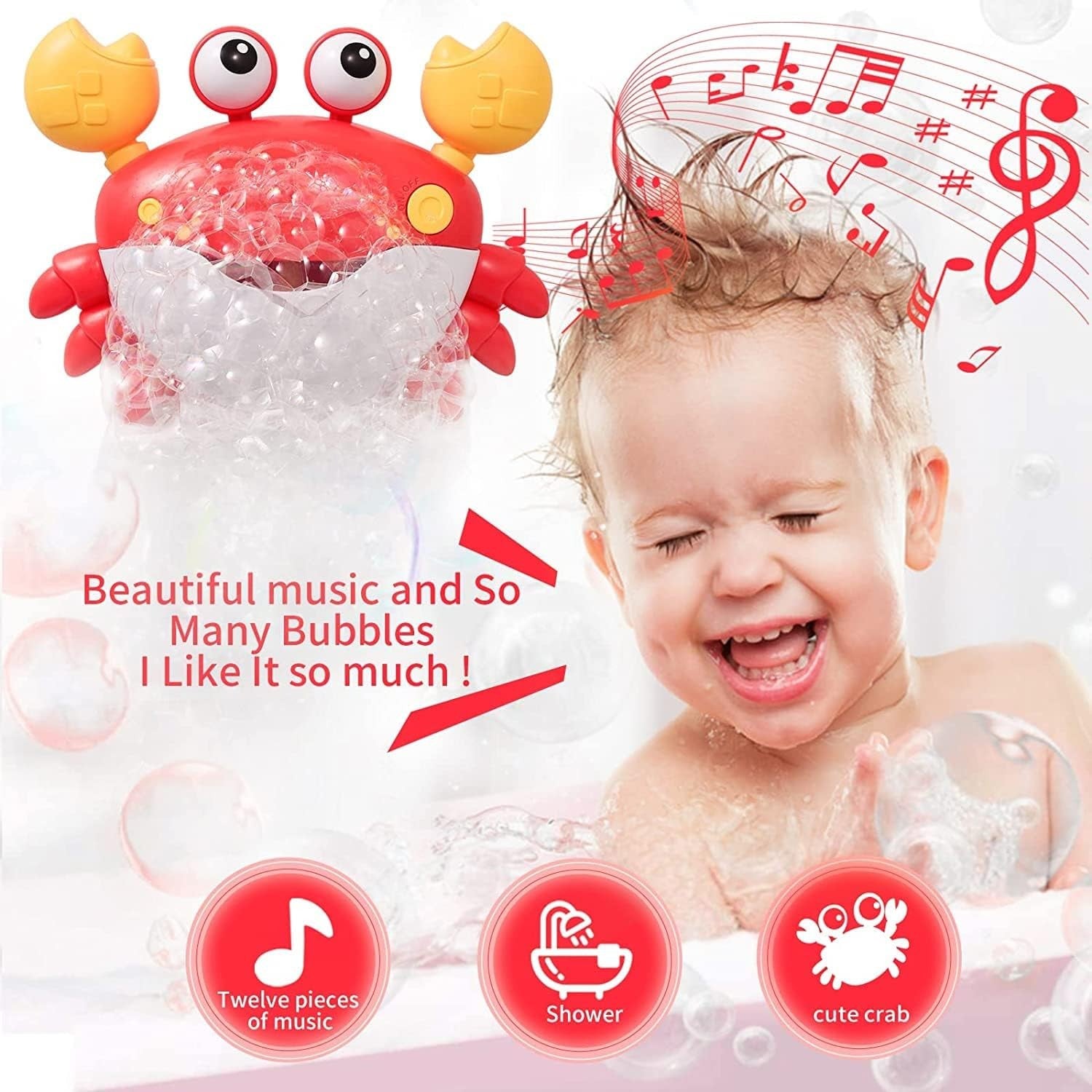 Baby Bath Toys Bubble Maker Crab Music Bubble Machine for Toddlers Red