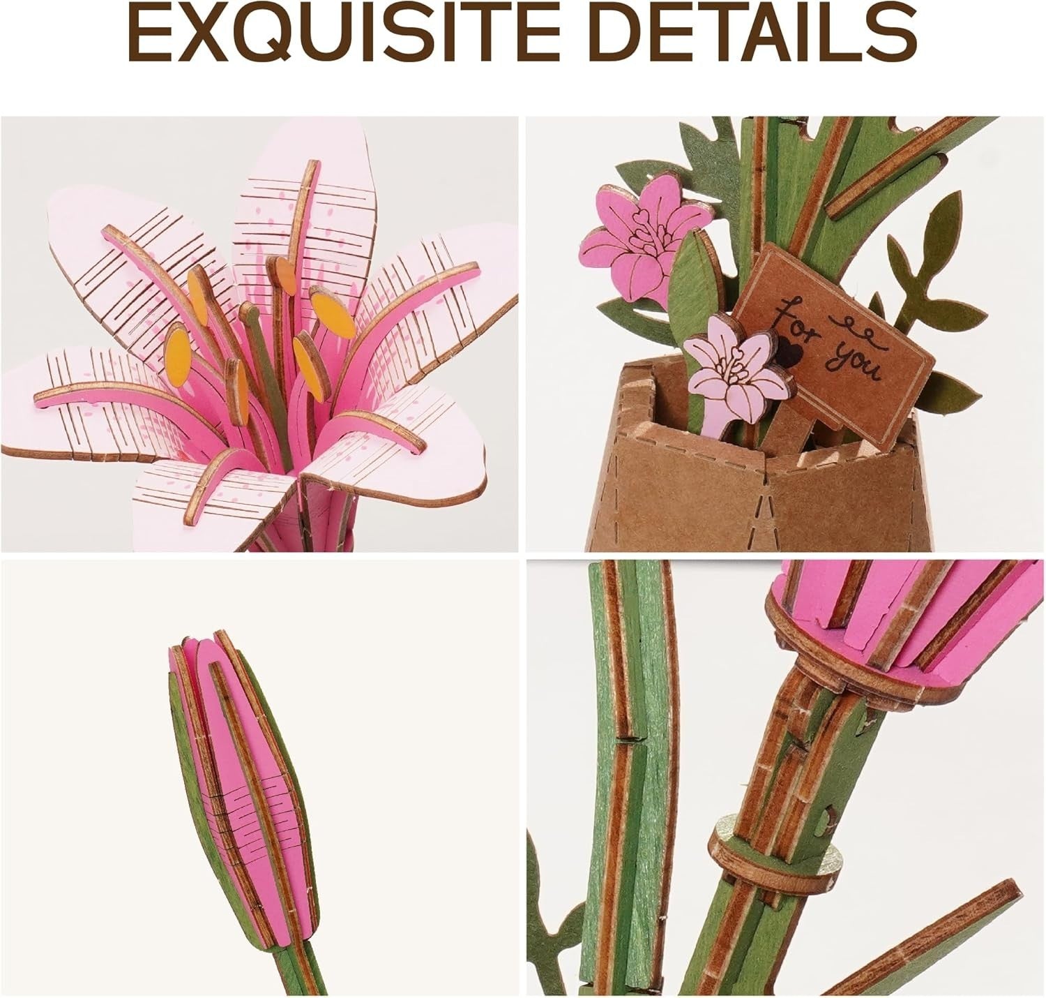 3D Wooden Flower Puzzle Pink Lily - DIY Craft Kit, Perfect Gift & Decor
