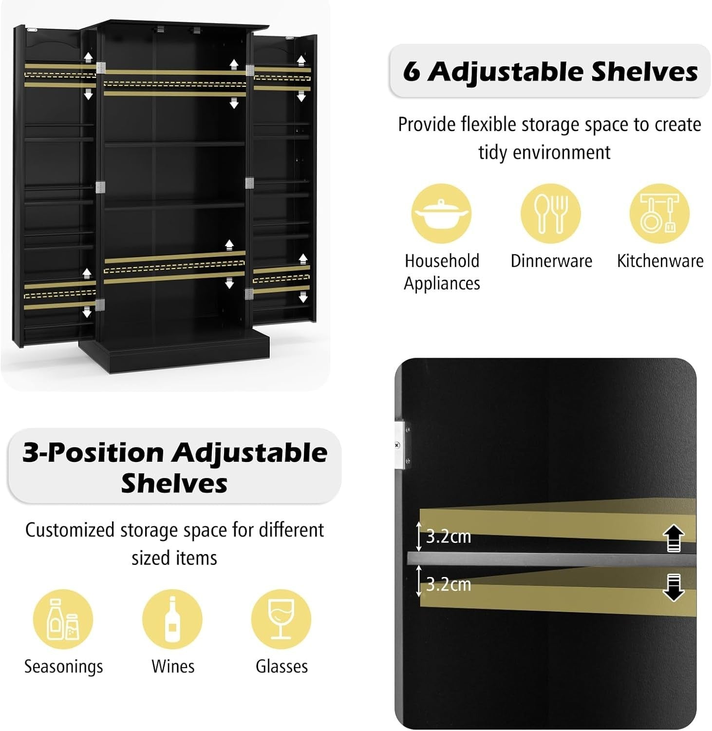 Kitchen Cupboard Pantry Cabinet with 17 Shelves & 2 Doors Black