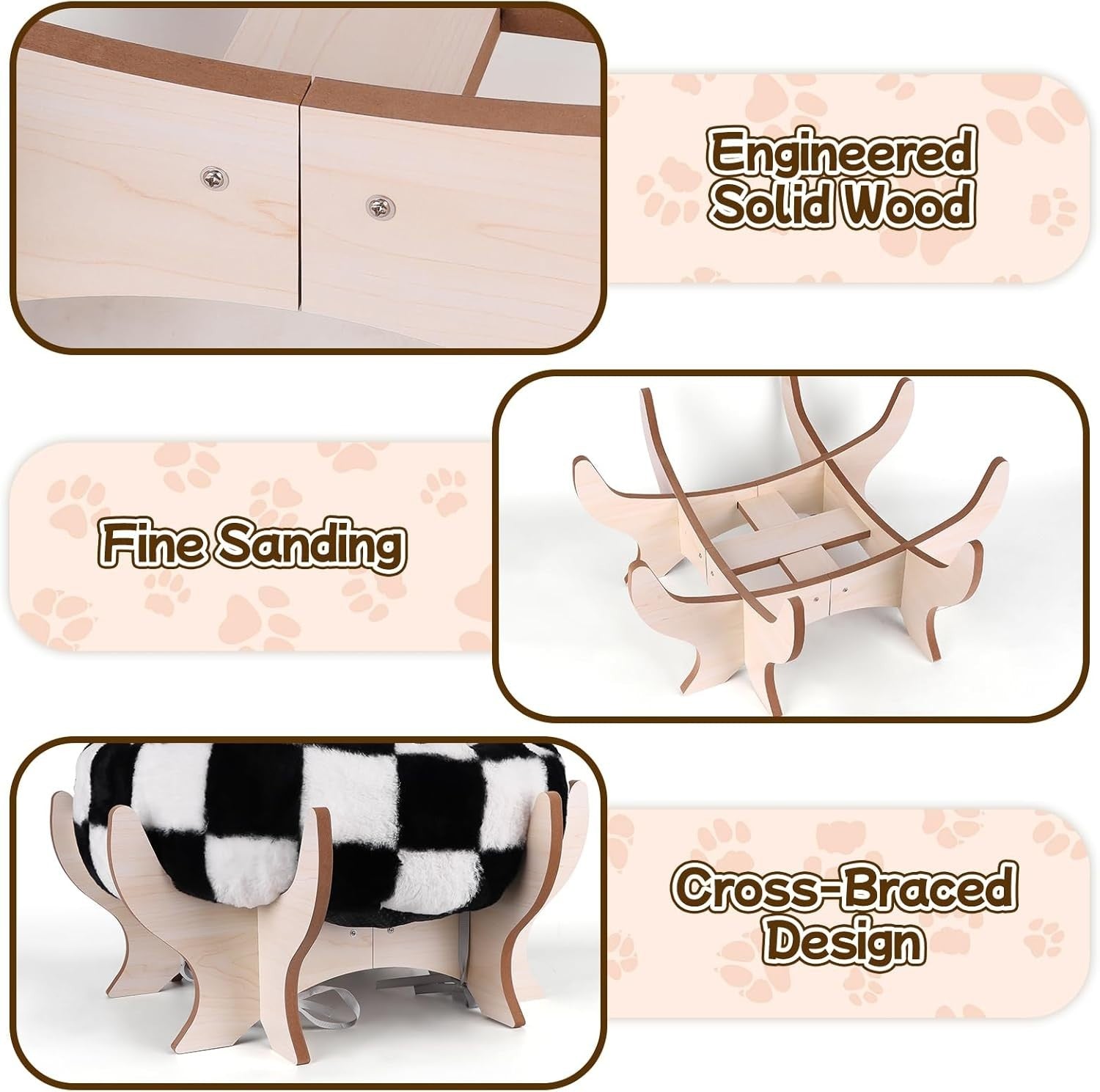 Elevated Cat Bed Plush Faux Fur Pet Sofa w Wooden Stand Anti Slip