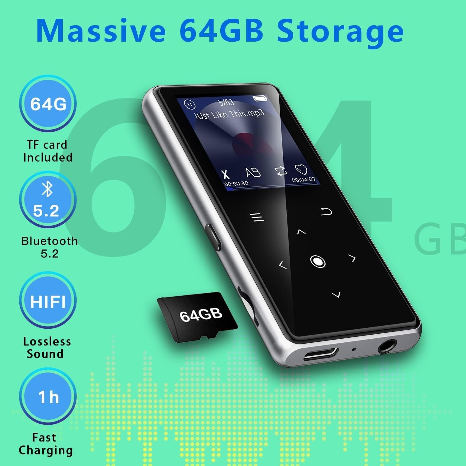 64GB MP3 Player Bluetooth 5.2 FM Radio Voice Recorder Speaker