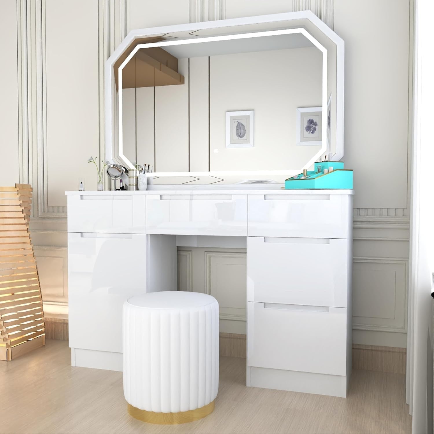 White LED Vanity Dresser Table Set 7 Drawer Makeup Mirror Stool Wood Storage