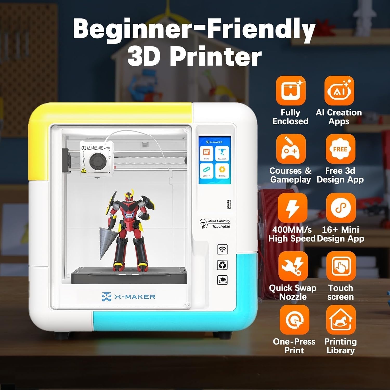 AI Kids Mini 3D Printer 400mm/s Auto Level Quiet WiFi App Ready