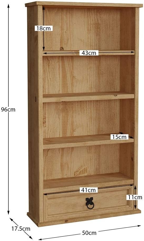 Solid Pine Wood Bookcase with Drawer Rustic CD DVD Storage Shelf Corona