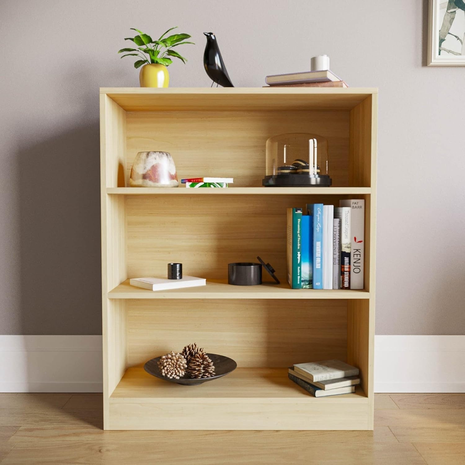 3 Tier Oak Wooden Bookcase Modern Storage Display Shelf for Living Room Low
