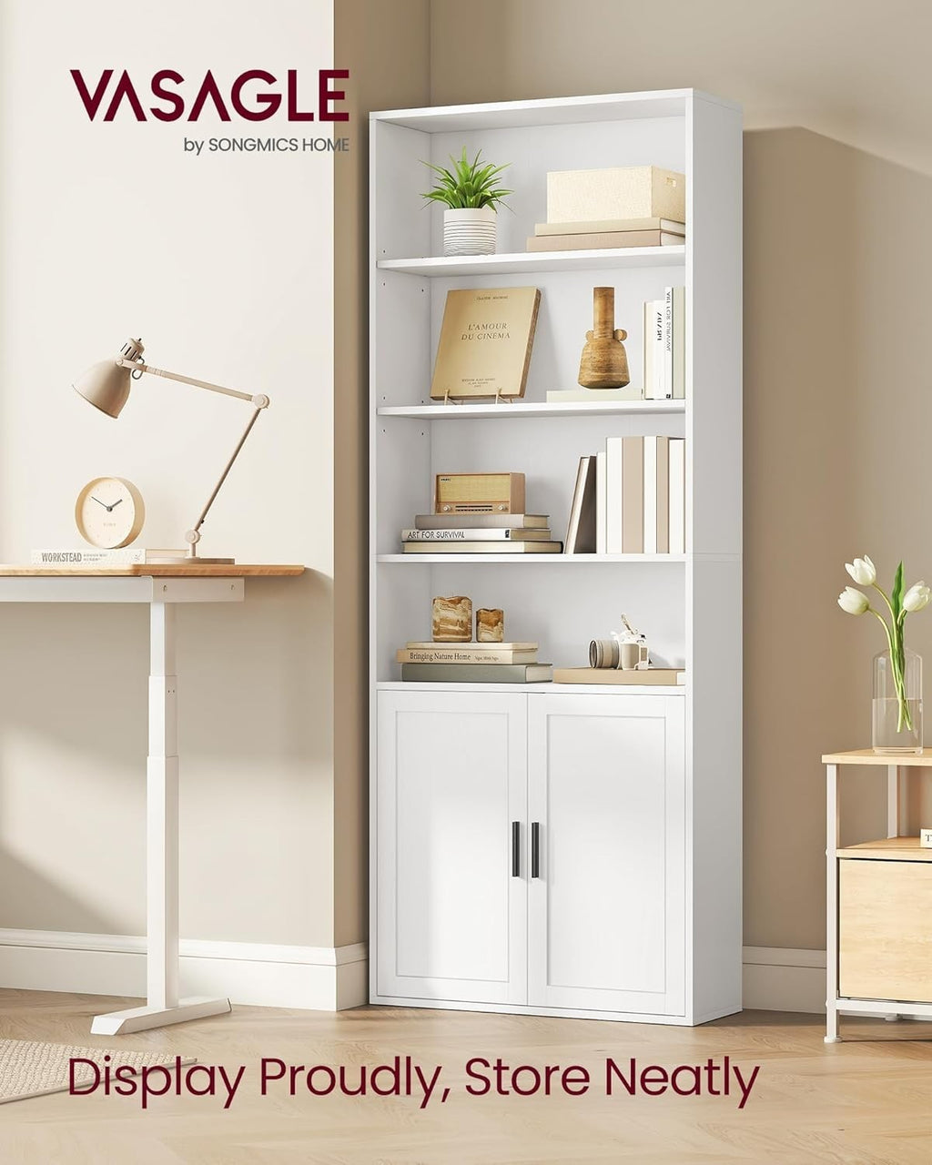 6-Tier White Bookshelf with Doors, Adjustable Shelves, 24x60x175 cm Storage Unit