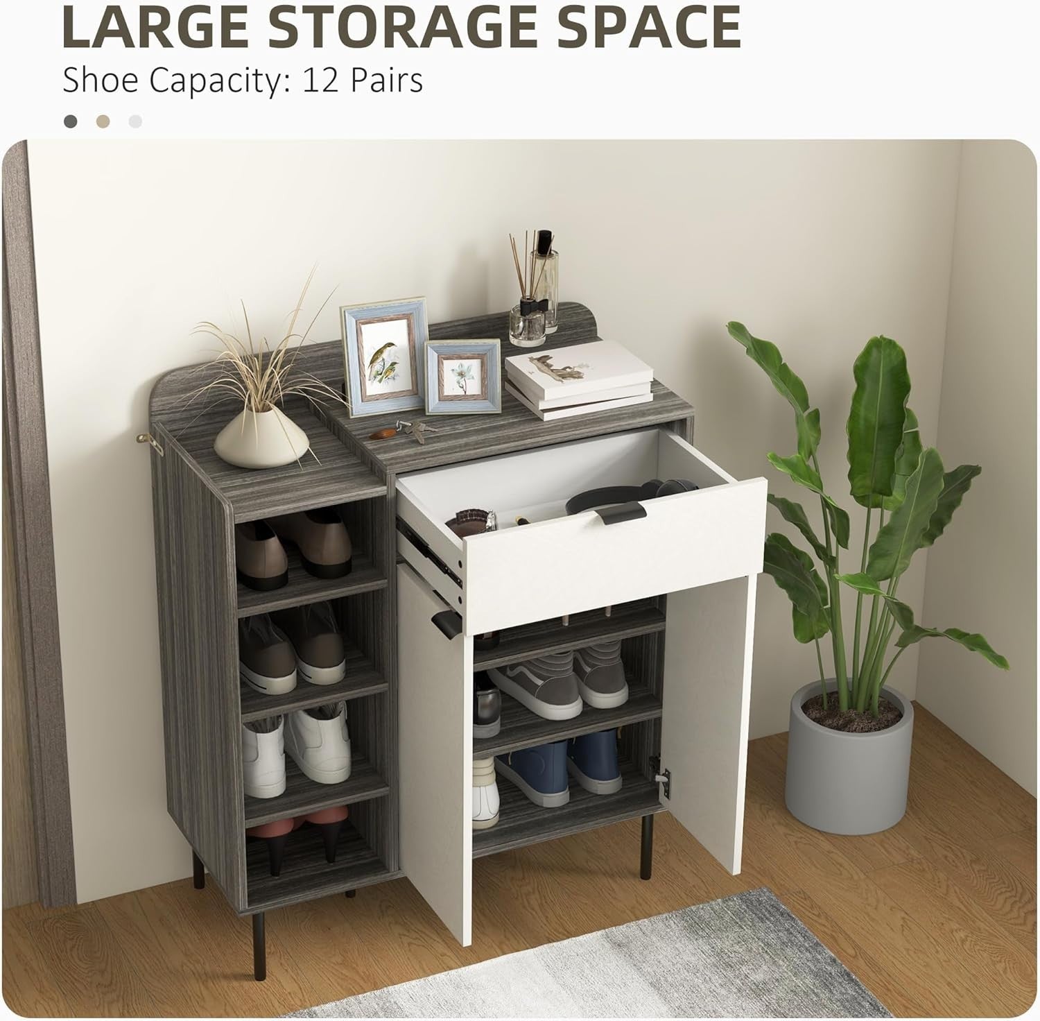 Narrow Shoe Storage Cabinet with 4-Tier Shelves & Sliding Drawer, 96cm