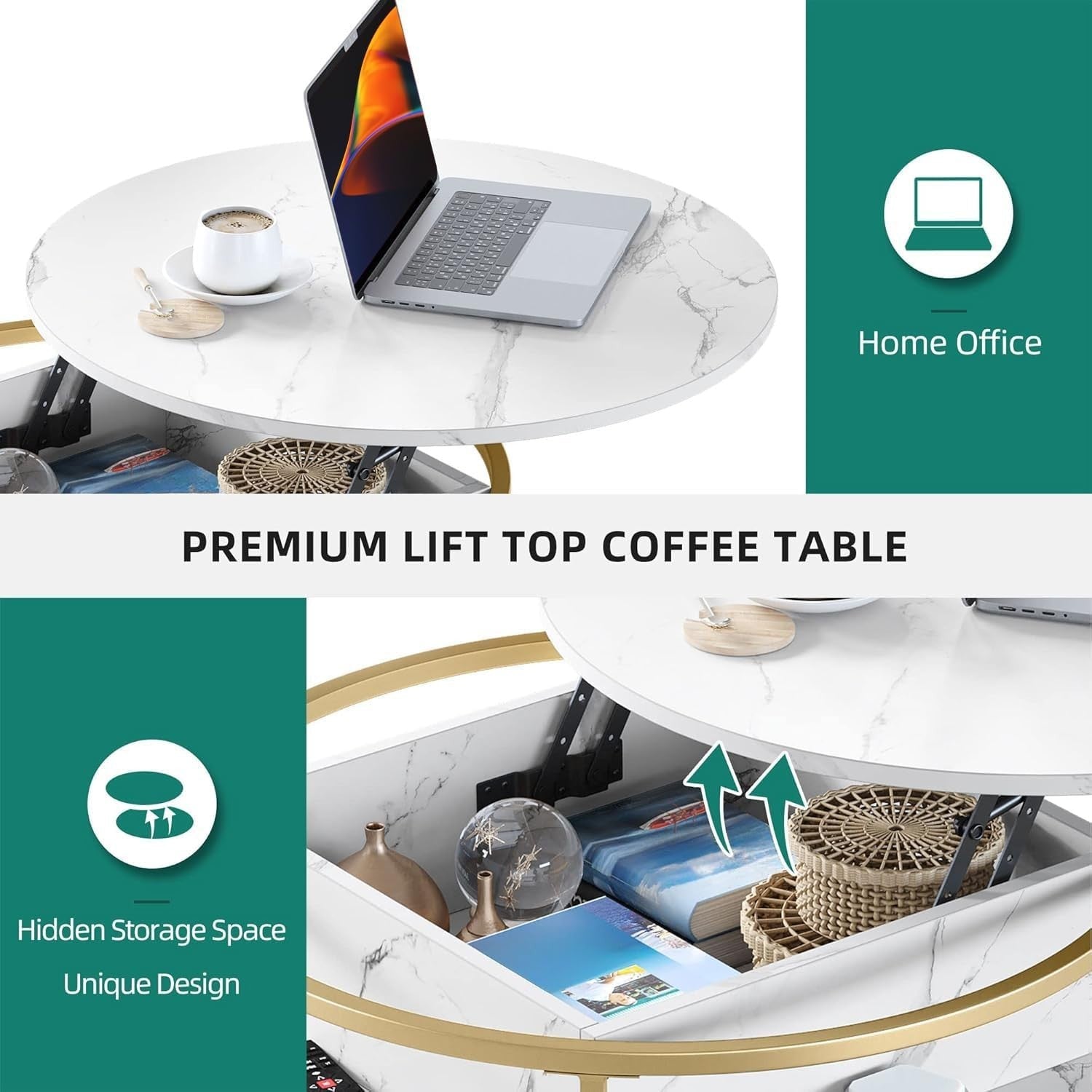 Round Lift Top Coffee Table White Gold 80x80x47cm with Hidden Storage