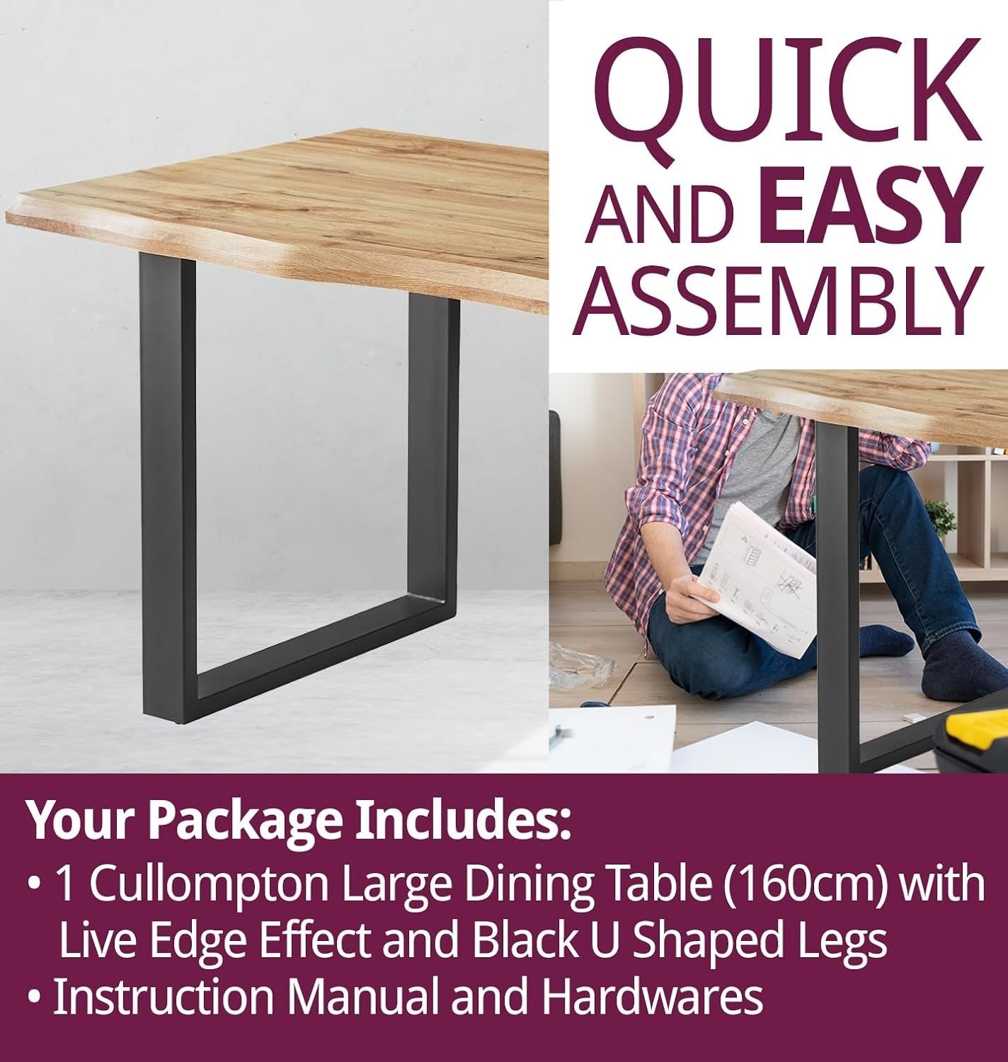 160cm Live Edge Dining Table Oak Effect Metal Legs Modern Industrial