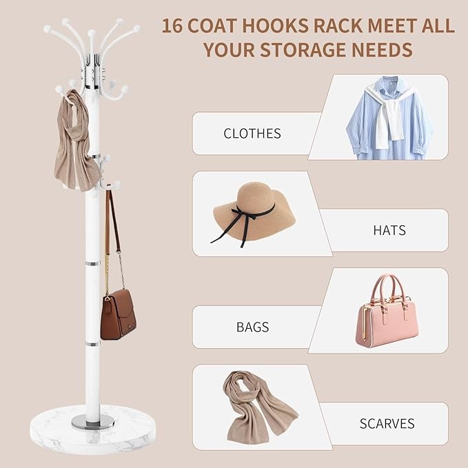 White 360° Rotating Metal Coat Rack Marble Base 16 Hooks Hall Tree Organizer
