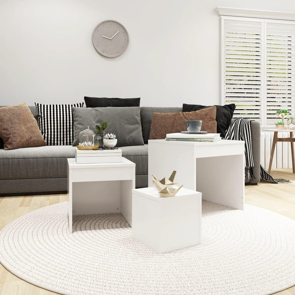 3pc White Nesting Side Tables Set Living Room Bedroom End Nightstand Storage
