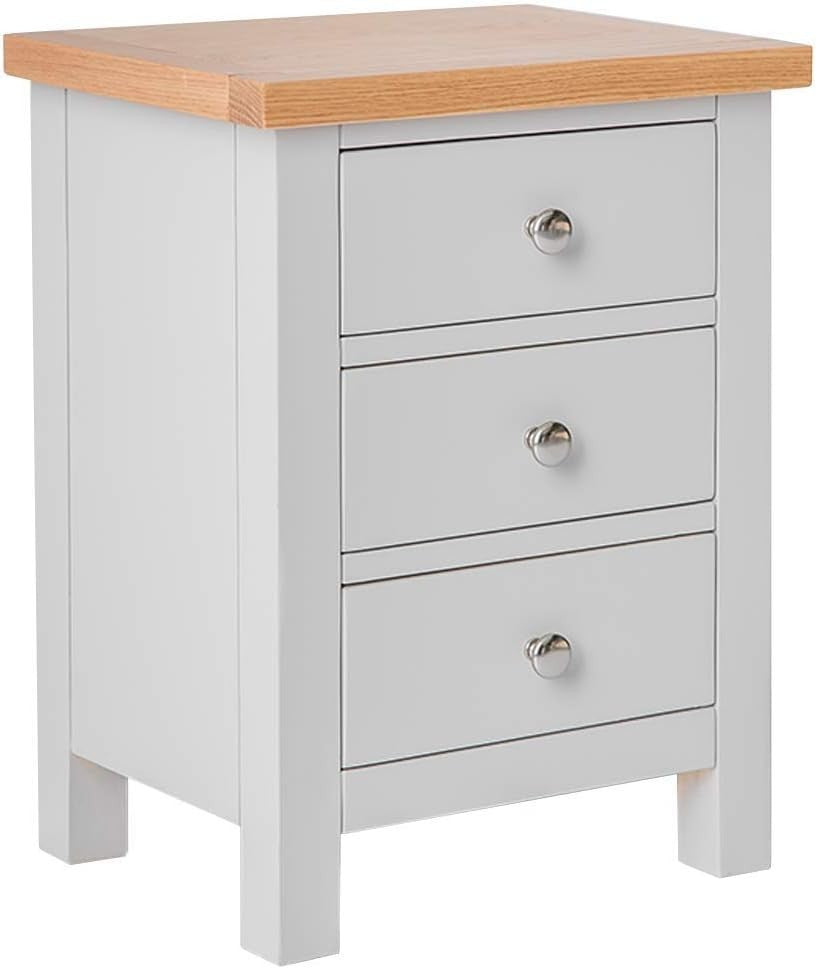 Grey 3 Drawer Bedside Table with Oak Top | Solid Wood Storage Unit