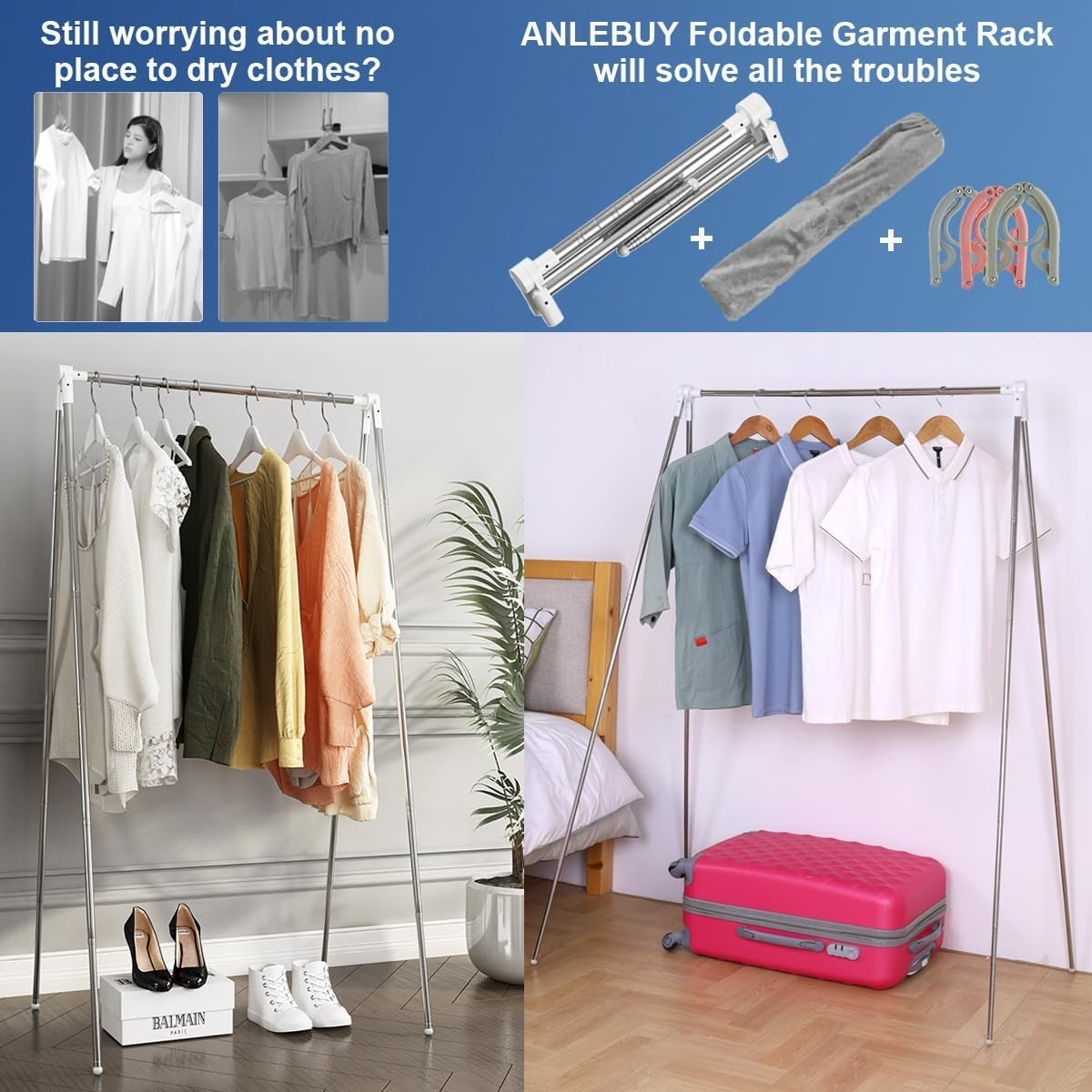 Portable Folding Clothes Rack Travel Collapsible Rail White