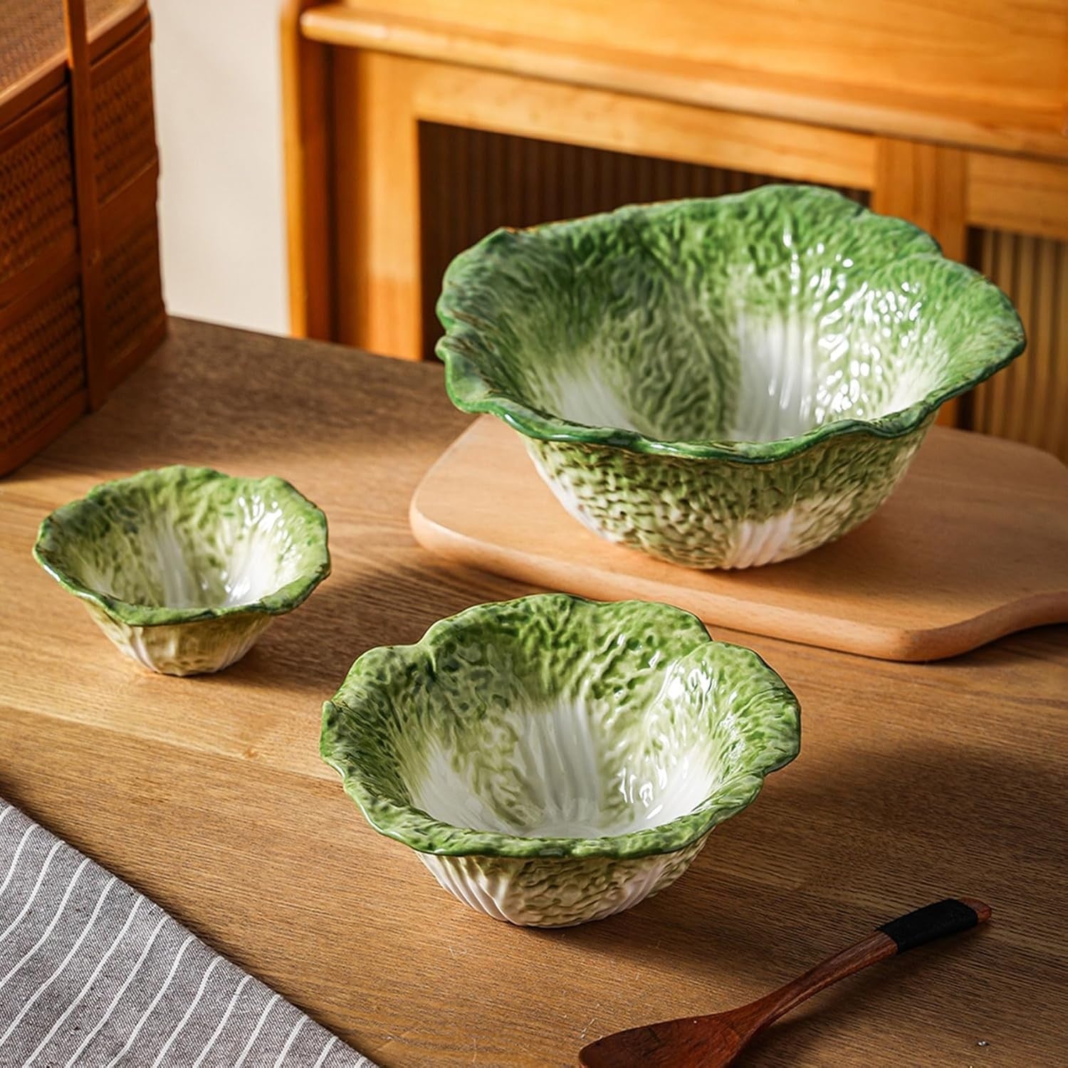 Green Ceramic Bok Choy Bowl Set 60oz 3-Piece Hand-Painted Kitchen