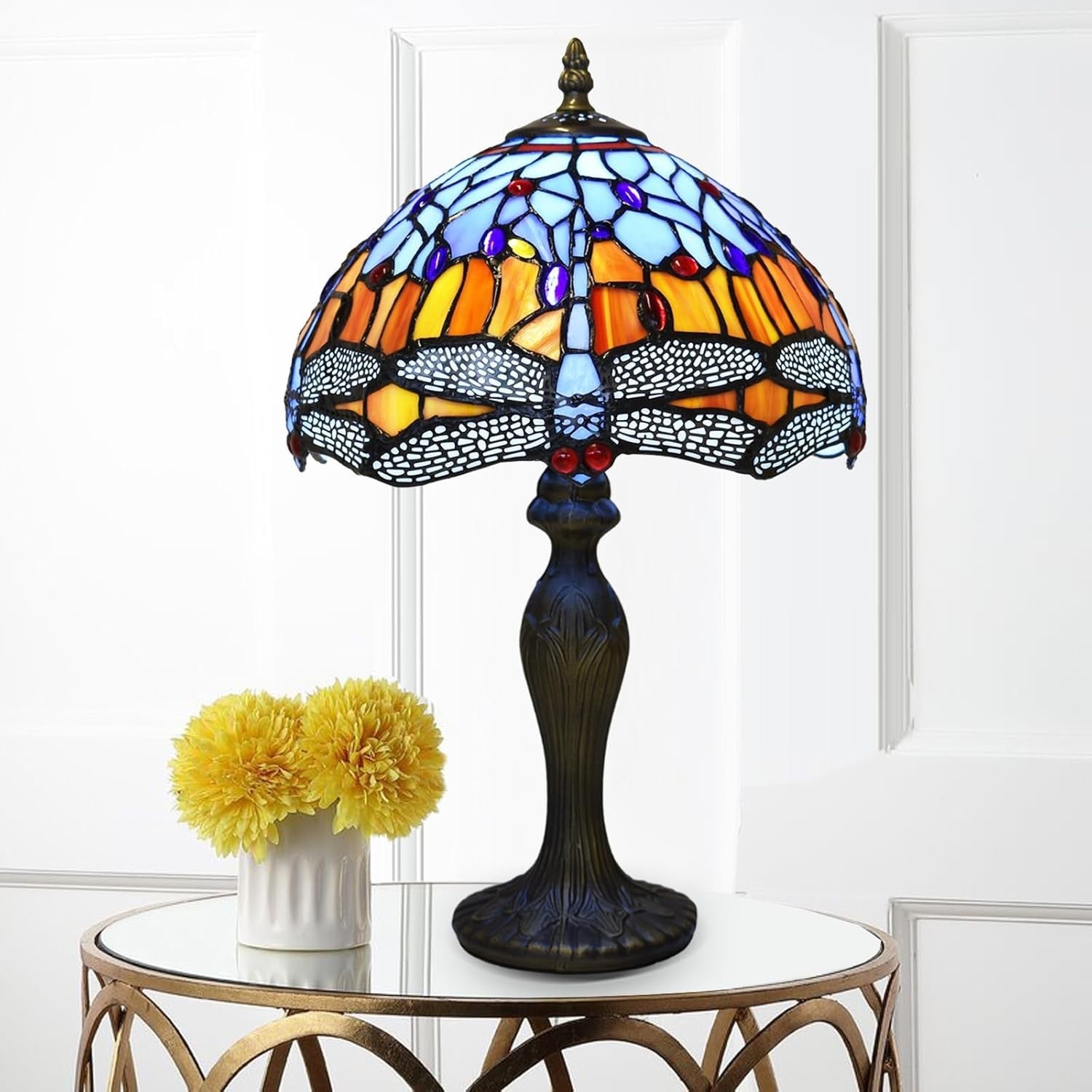 Antique Stained Glass Table Lamp Dragonfly Design, Living Room Decor