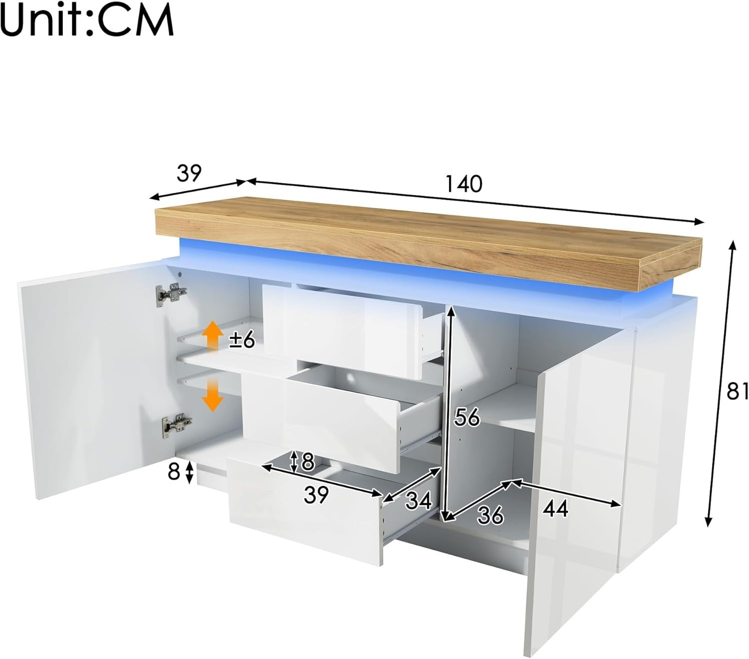 Modern High-Gloss White Sideboard Cabinet with LED Lighting, 2 Doors & 3 Drawers