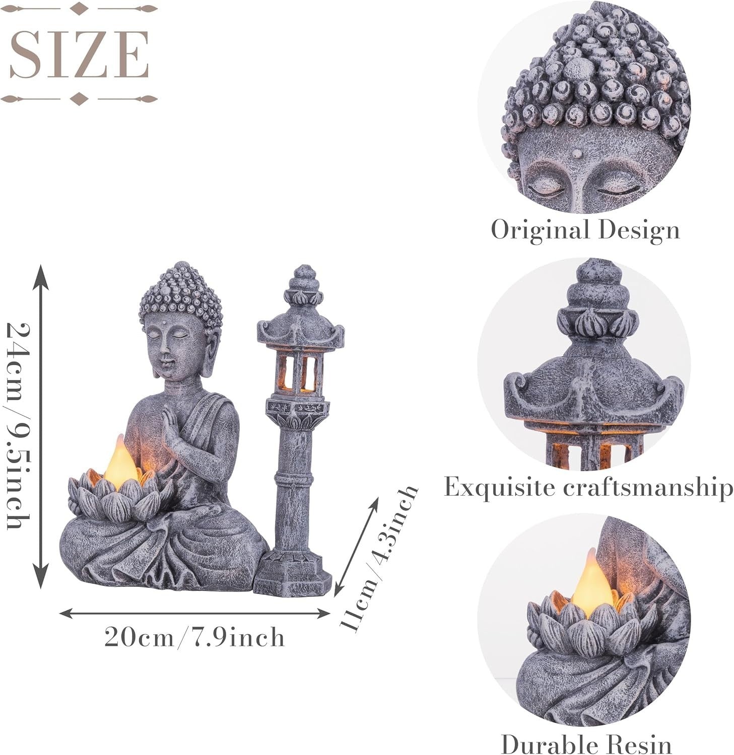 Meditating Buddha Statue with Solar Light Pagoda Set Outdoor Garden Decor Resin