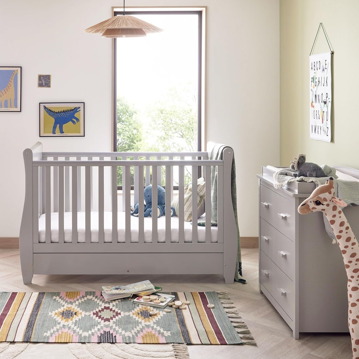 2pcs Nursery Furniture Set Cot Bed Wardrobe Handle Chest Drawers Solid Wood Grey