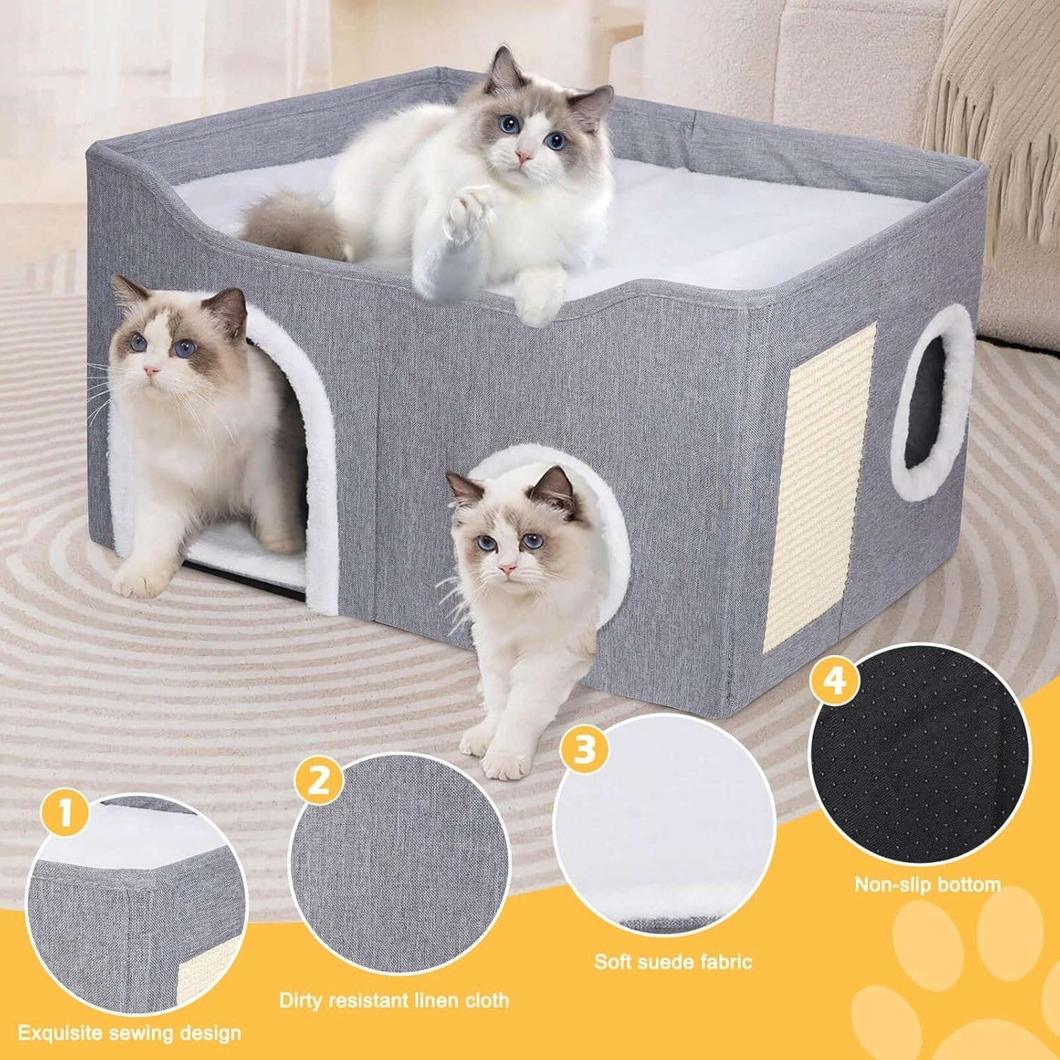 2 Layer Foldable Cat House Cave Bed Cube w Scratcher Fluffy Ball