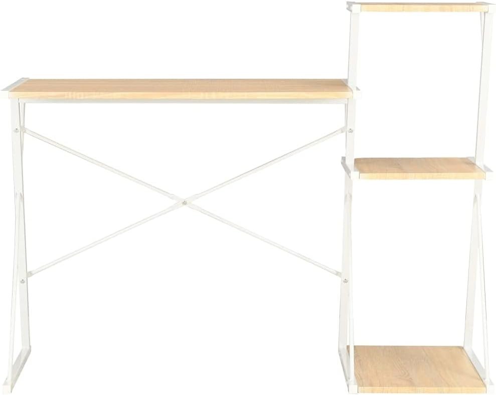 White Brown Z-Shaped Computer Desk 116cm with 3 Tier Shelves