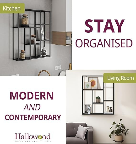 Modern Black Metal Wall Shelf Unit – Floating Display Rack for Living Room