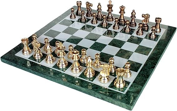 Luxury 15" Green Marble Chess Set – Inlaid Stone Board + Brass Crafted Pieces