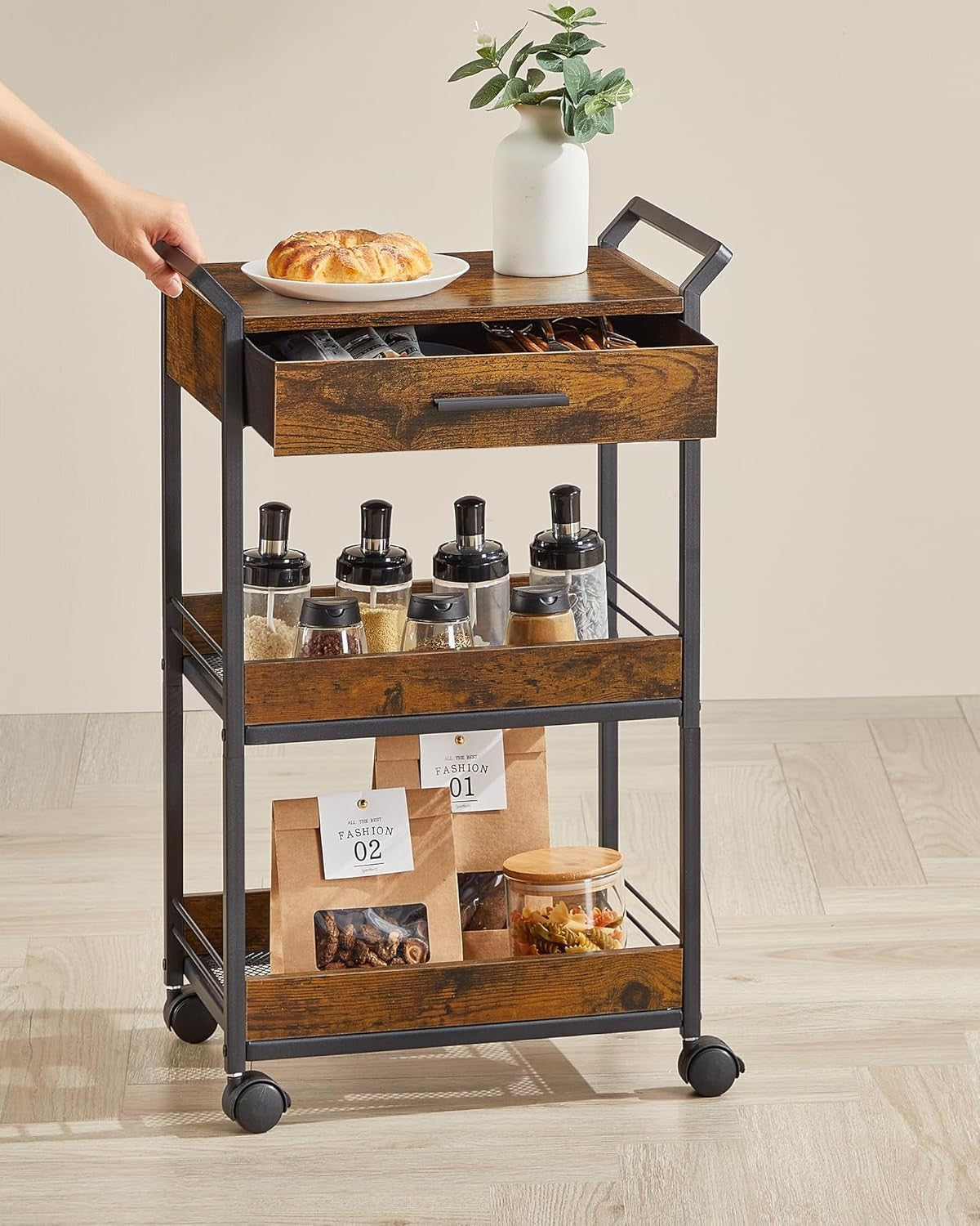 3 Tier Storage Trolley Rolling Cart with Drawer Table Top Mesh Shelves Wheels